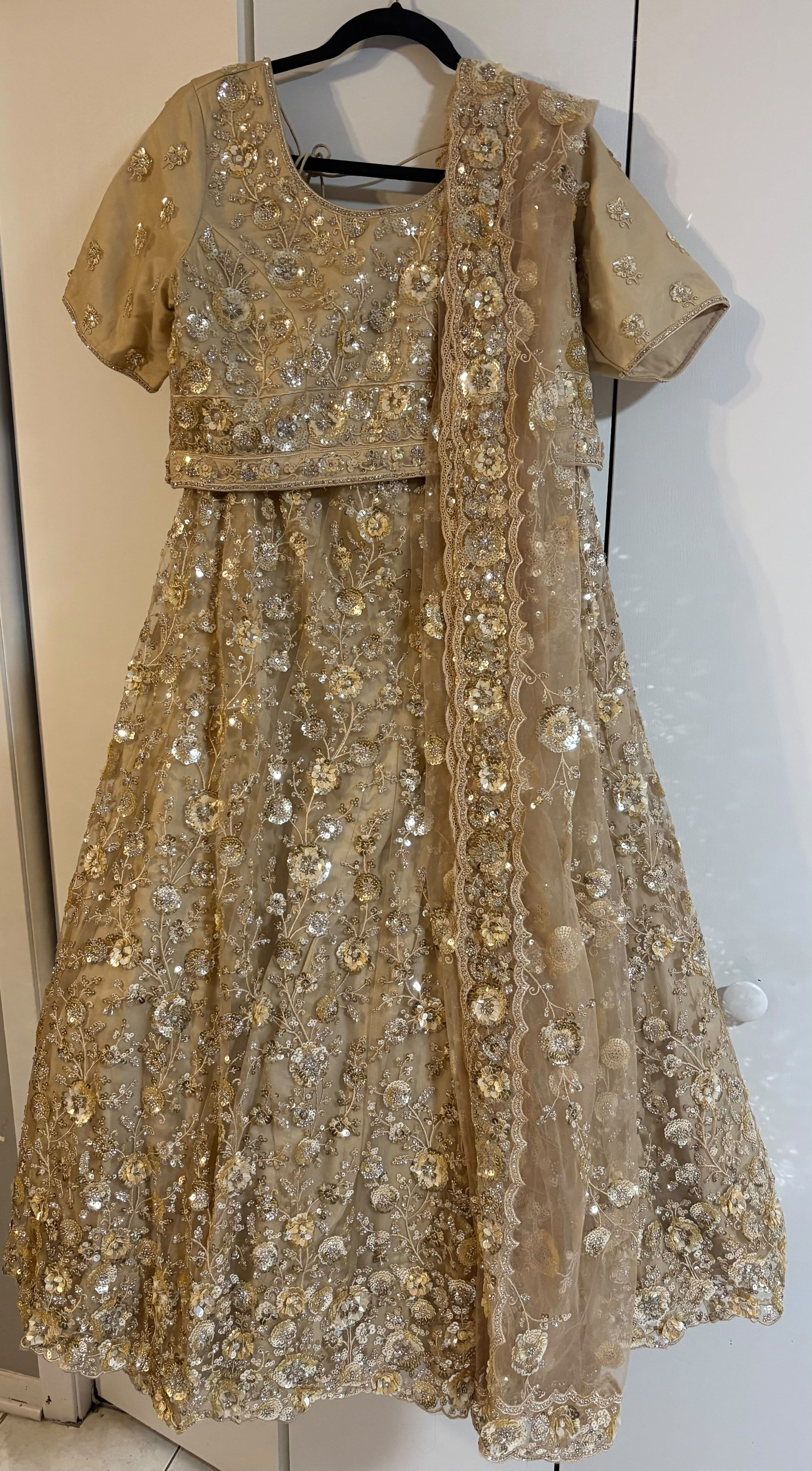 Stunning Gold Sequin & Thread Embroidered Net Lehenga Choli Set
