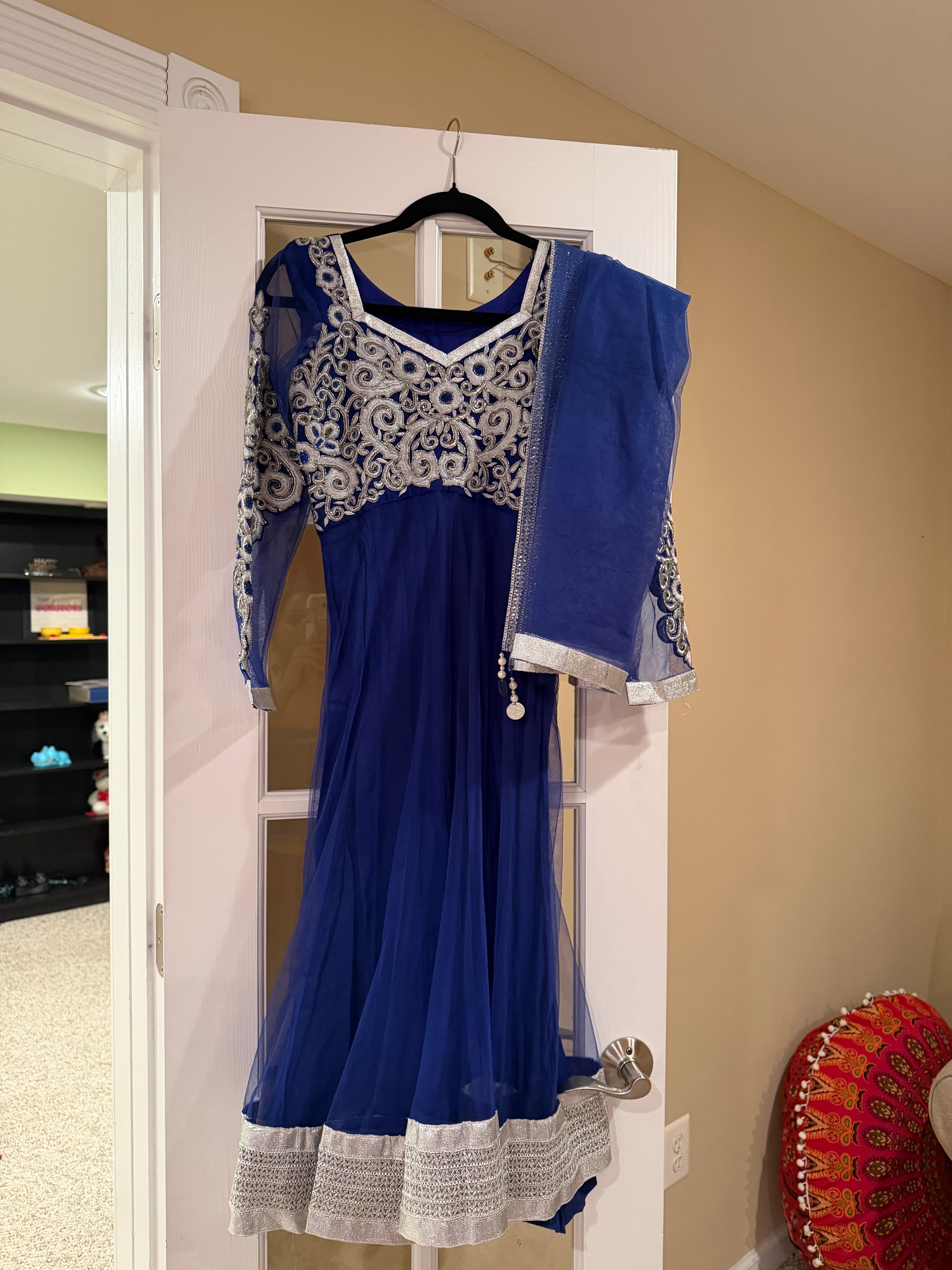 Elegant Royal Blue Anarkali Suit with Silver Embroidery