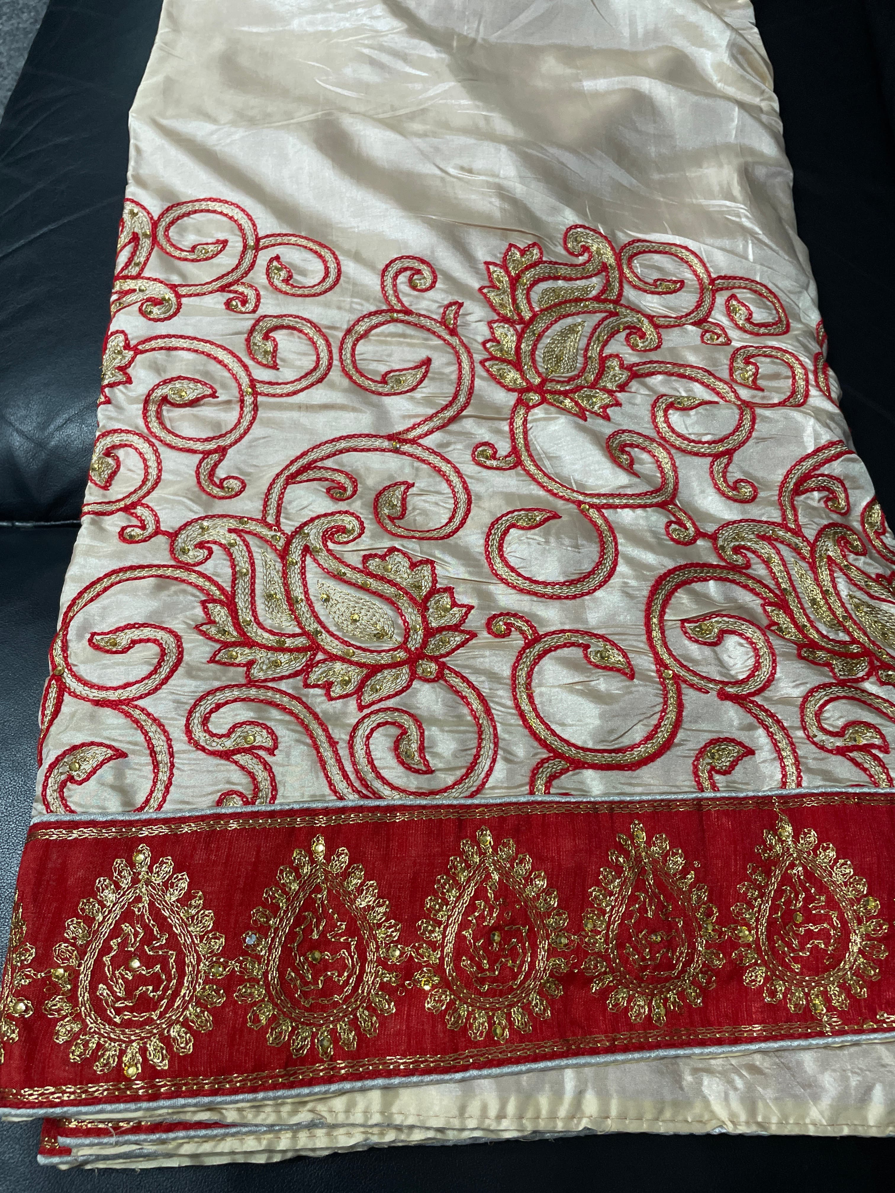 Elegant Cream and Red Saree with Gold and Red Thread Embroidery
