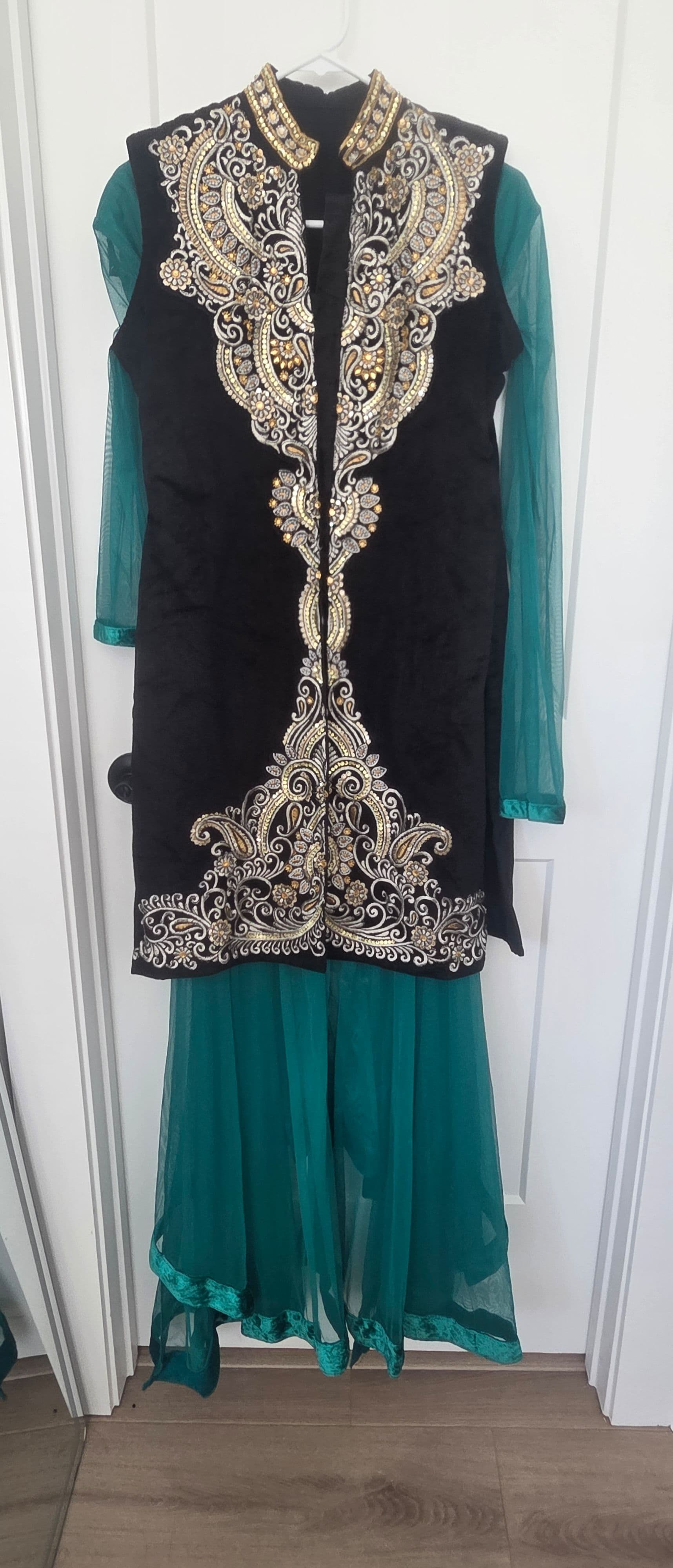 Elegant Black & Teal Indowestern Gown with Gold Embroidery