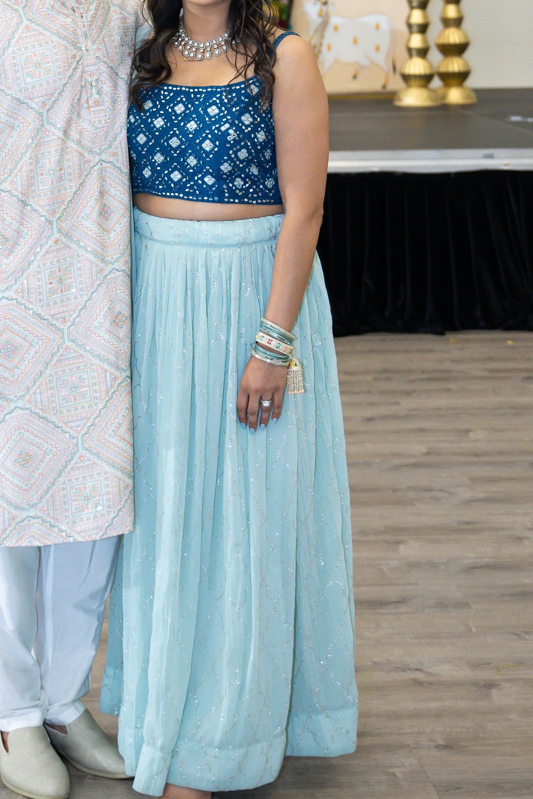 Stunning Teal Mirror Work Crop Top Lehenga with Light Blue/seagreen Skirt