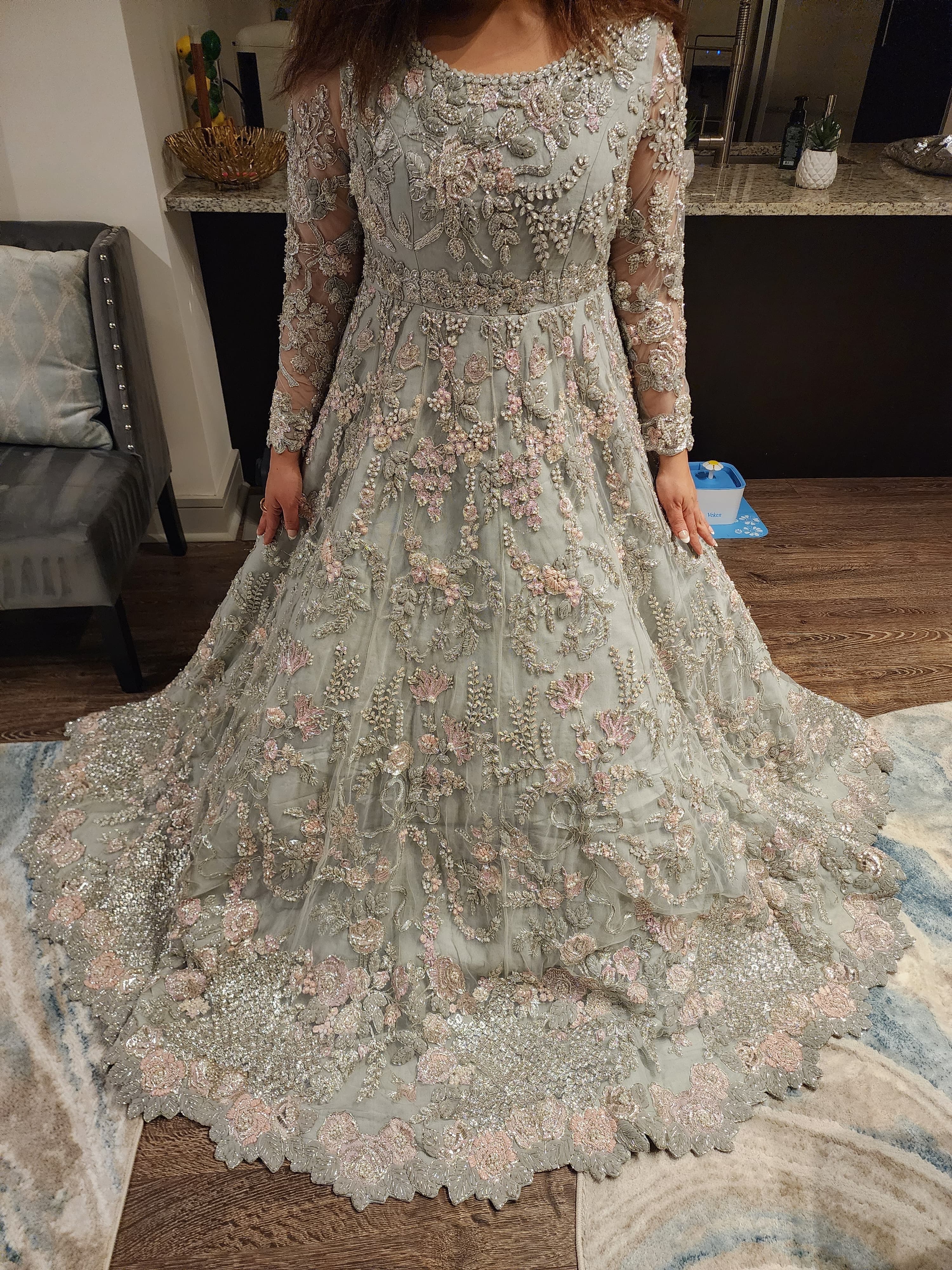 Stunning Grey and Pink Embroidered Net Lehenga Gown for Special Occasions