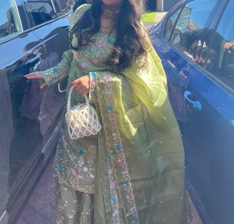 Elegant Olive Green Salwar Suit with Intricate Embroidery and Pearl Detailing