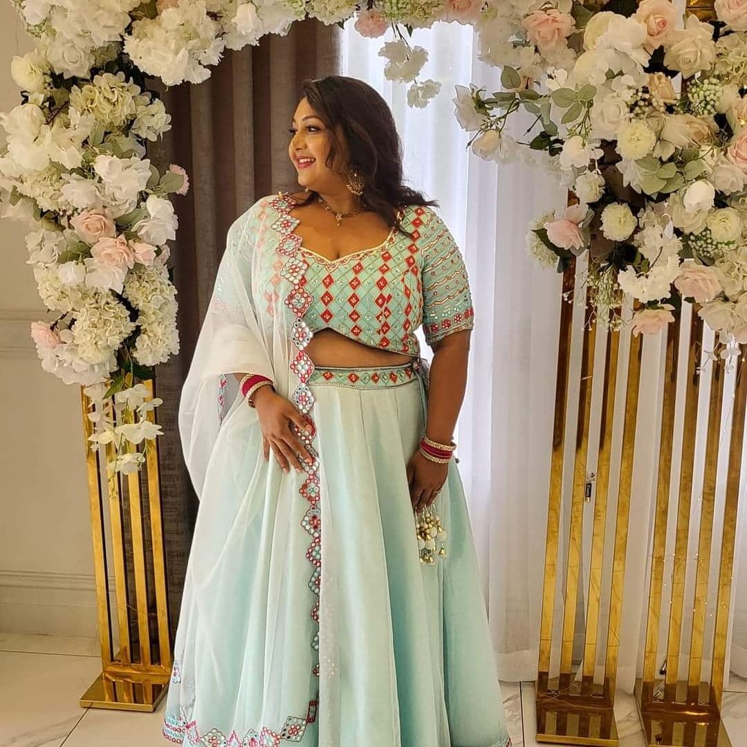 Stunning Aqua Blue Lehenga Choli with Geometric Thread Work and Sequin Accents