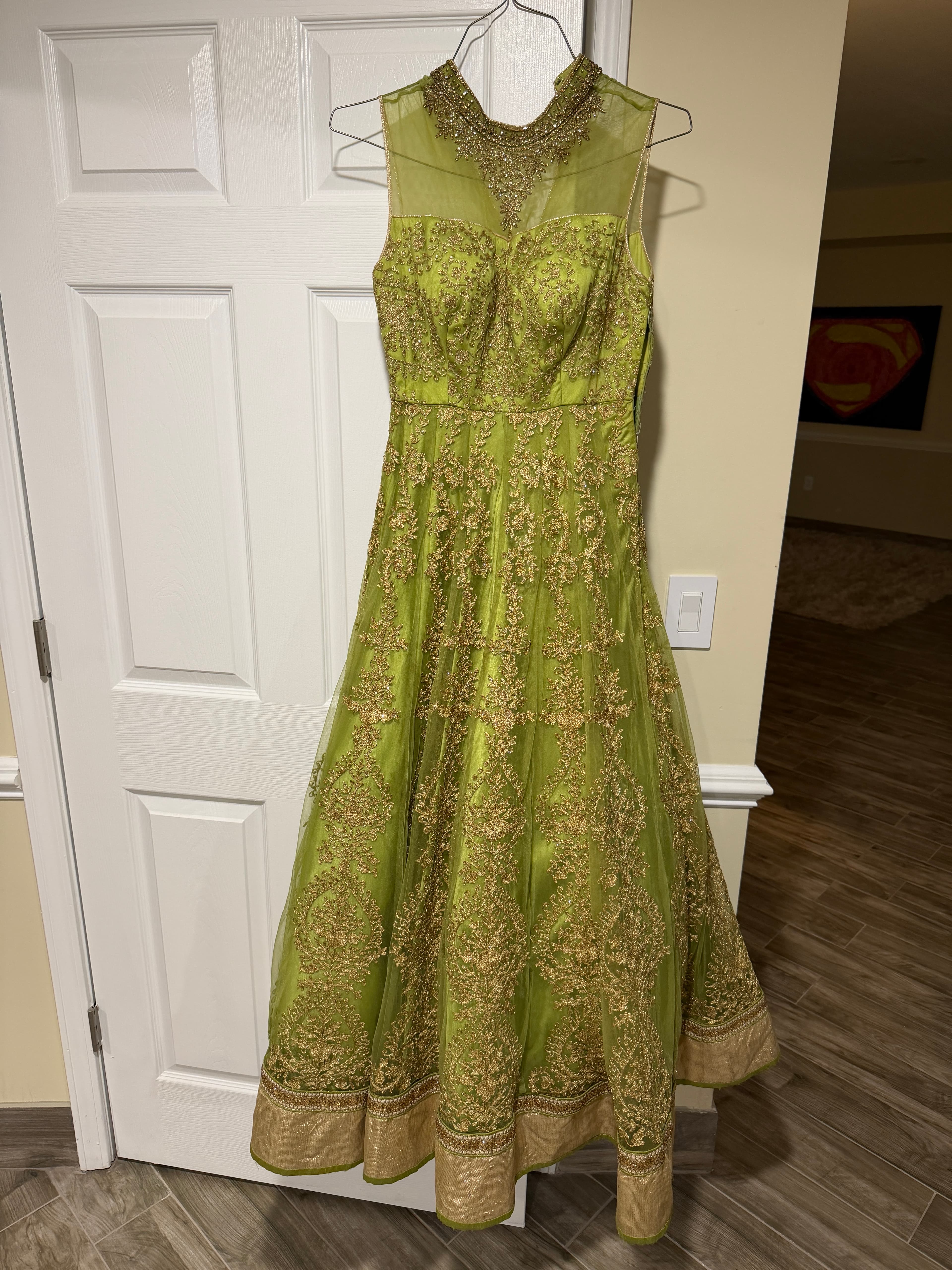 Elegant Lime Green Anarkali Suit with Gold Embroidery and Net Dupatta