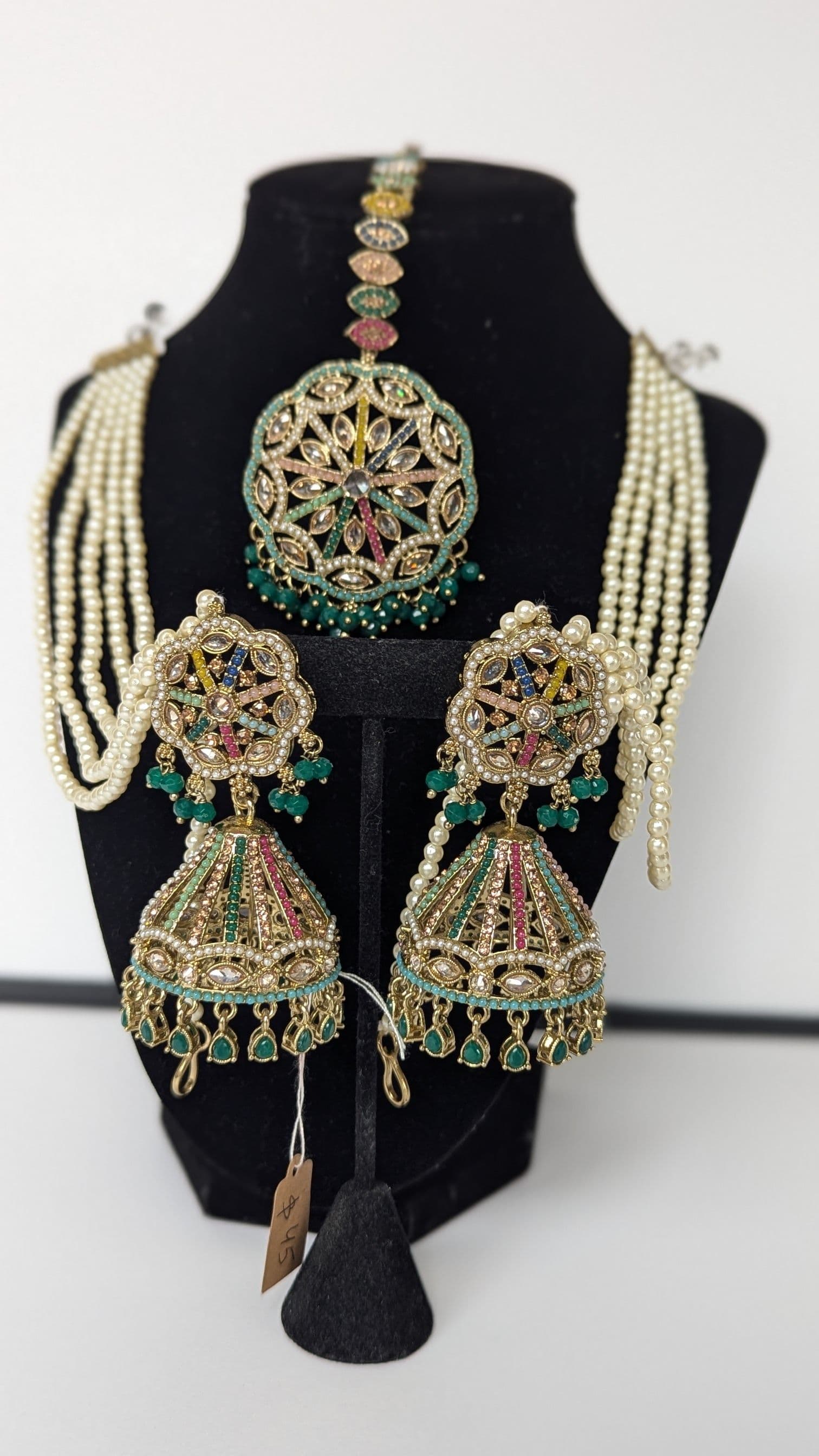 Premium Quality Stunning Gold Plated Polki Multicolor Jhumka Earrings & Tikka Set With Sahare