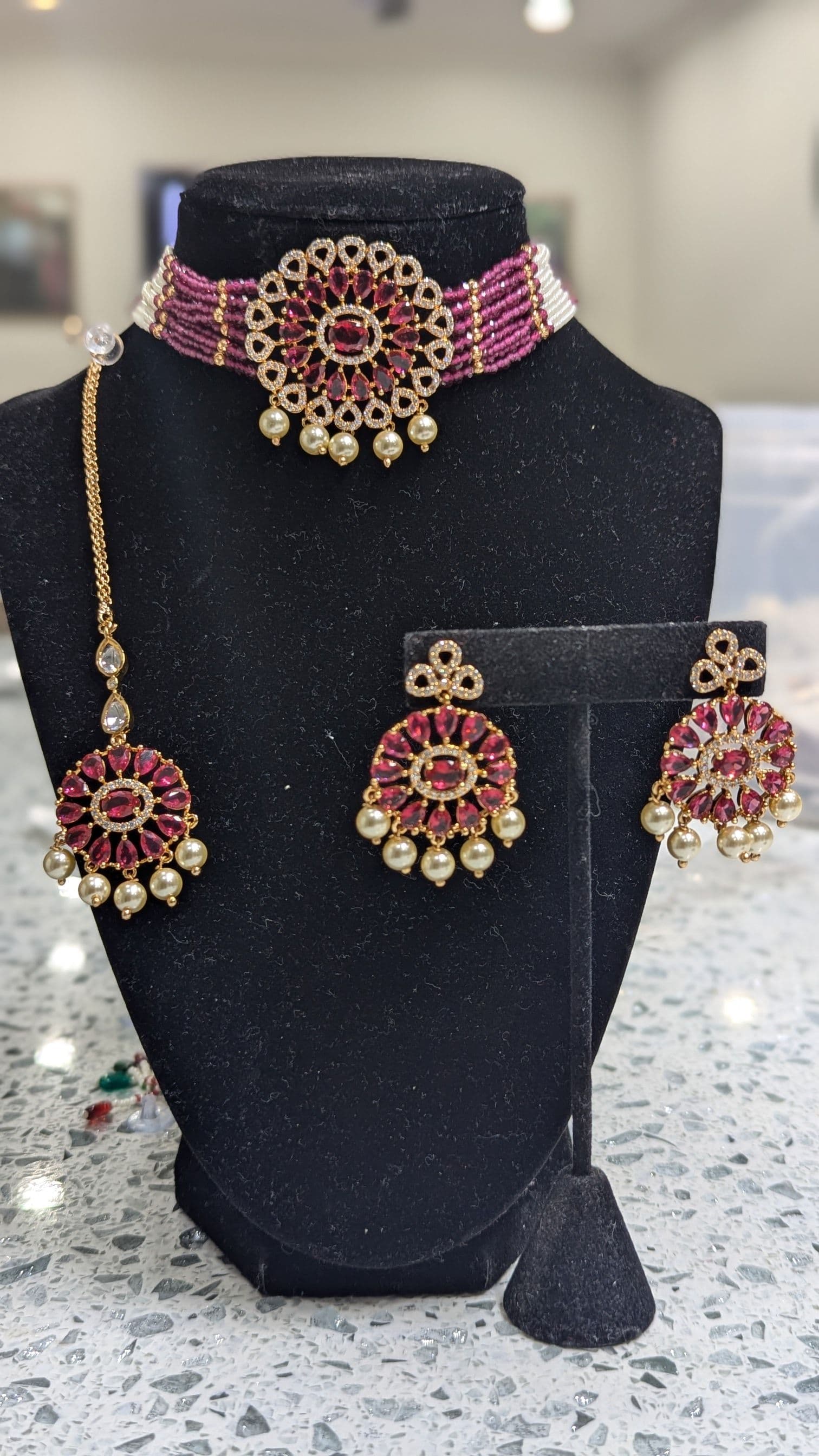 Stunning American Diamond Pink Choker Necklace Set with Earrings and Maang Tikka