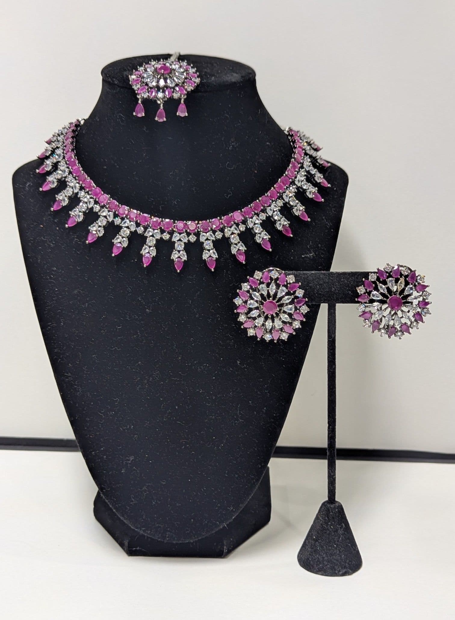 American Diamond Stunning Ruby & White Stone Necklace Set with Earrings and Maang Tika
