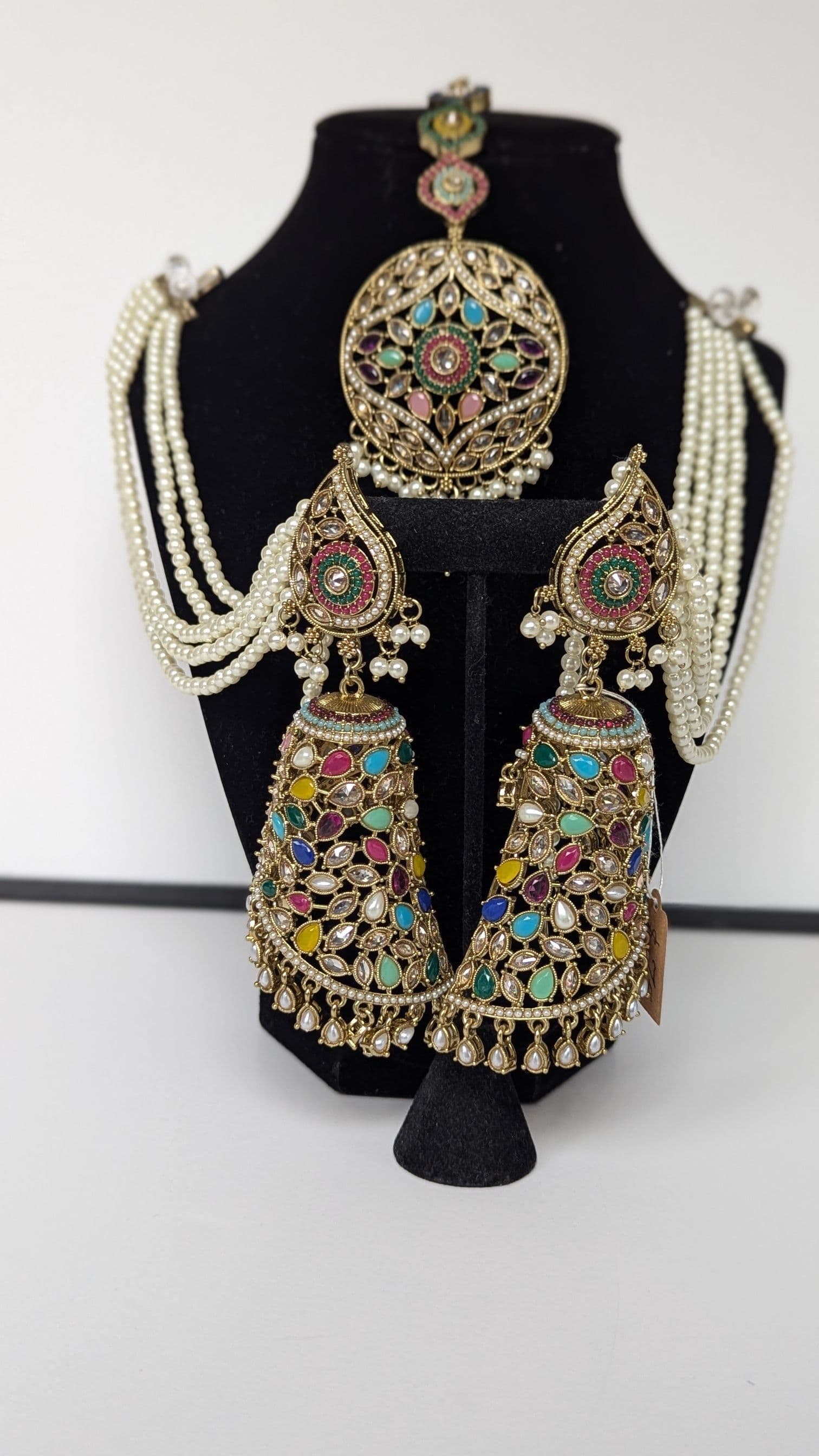 Stunning Gold Plated Polki Multicolored Jhumka Earrings with Sahare and Tikka Set. Light Weight