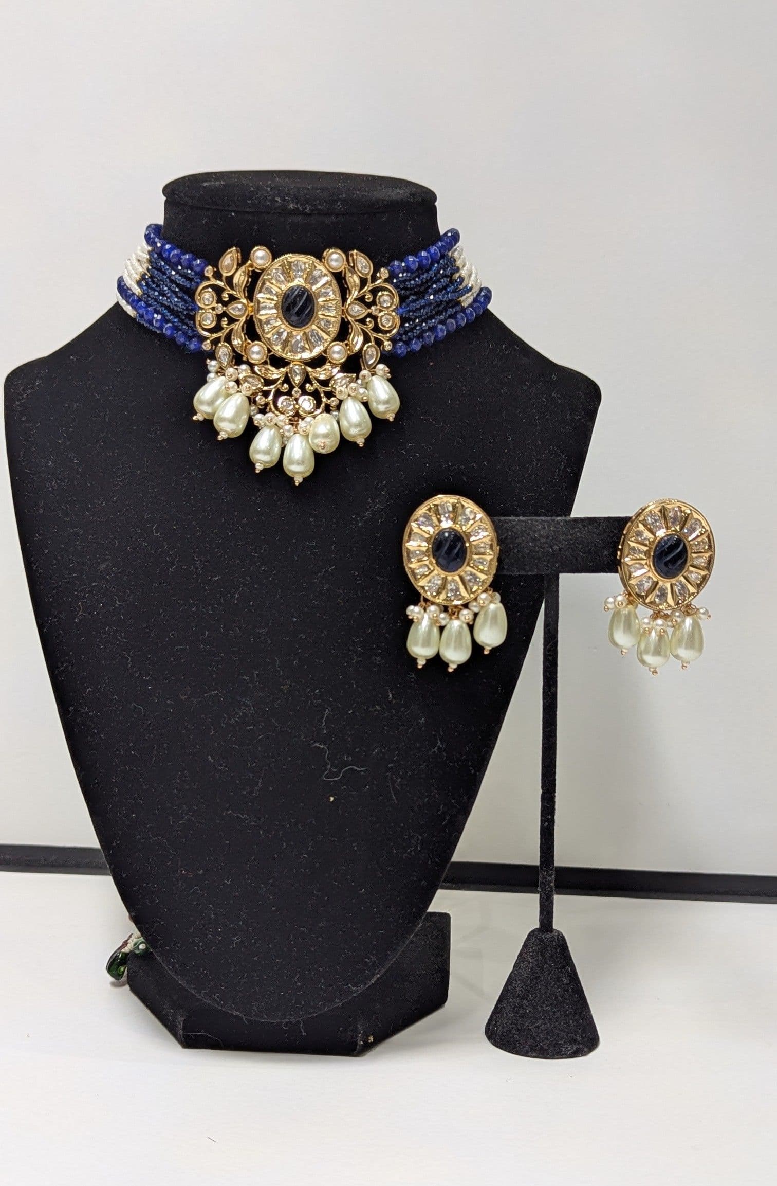 Premium Quality Elegant Blue Beaded Choker Necklace Set with Kundan & Pearl Drops