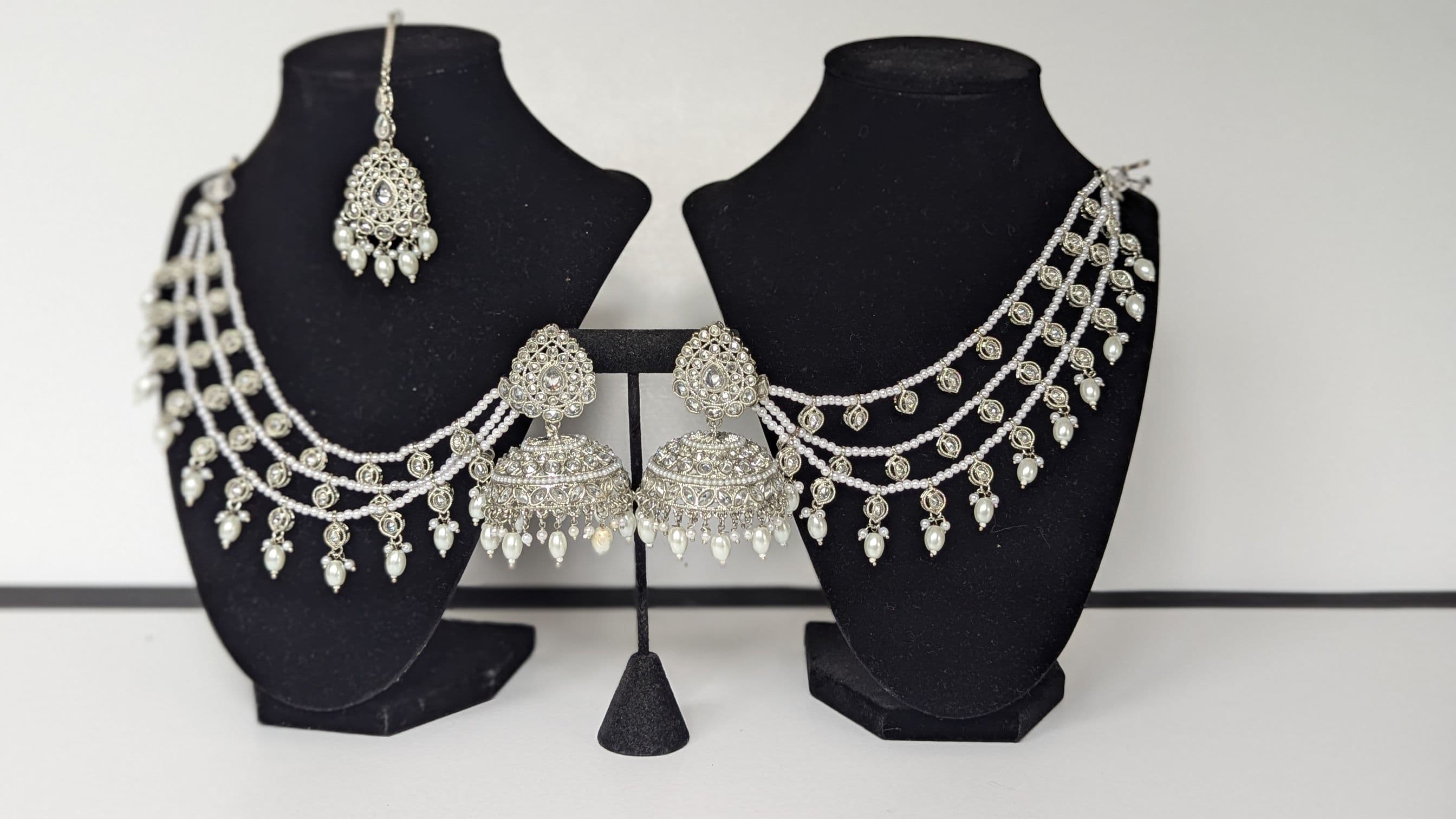 Premium Quality Polki Stunning Silver Jhumka Earrings and Tikka Sets With Sahare