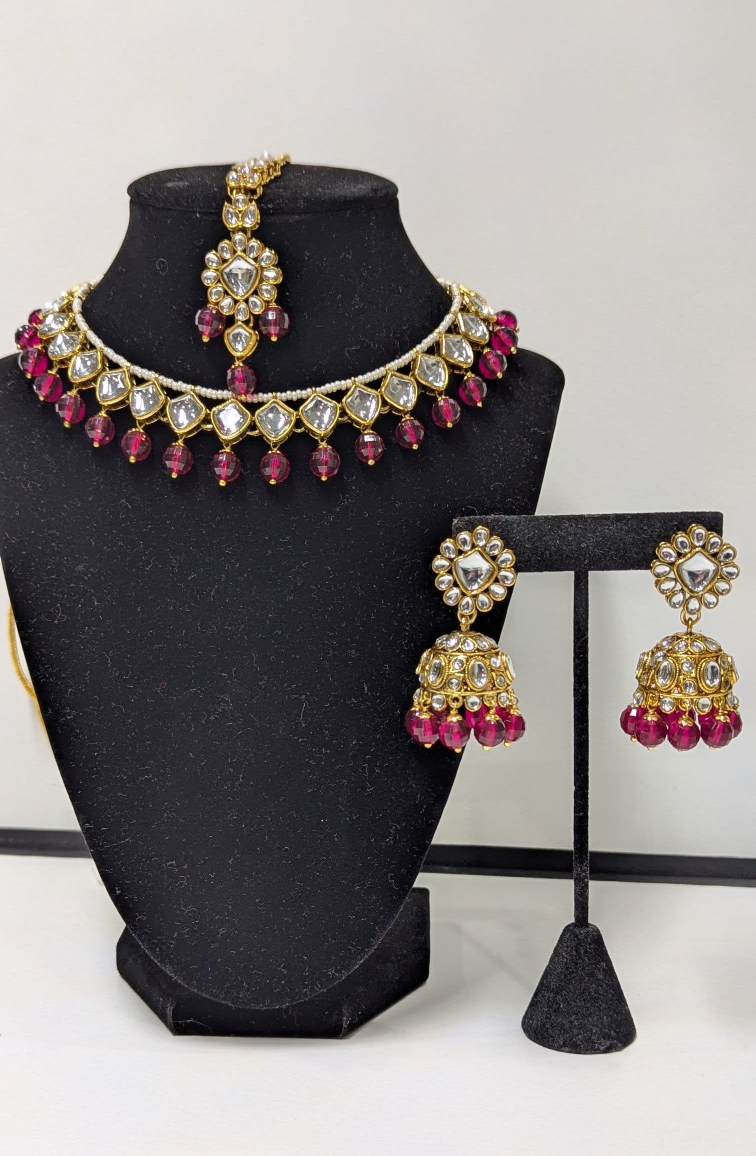 Stunning Gold-Tone Kundan & Ruby Red Bead Necklace Set with Jhumka Earrings & Maang Tika