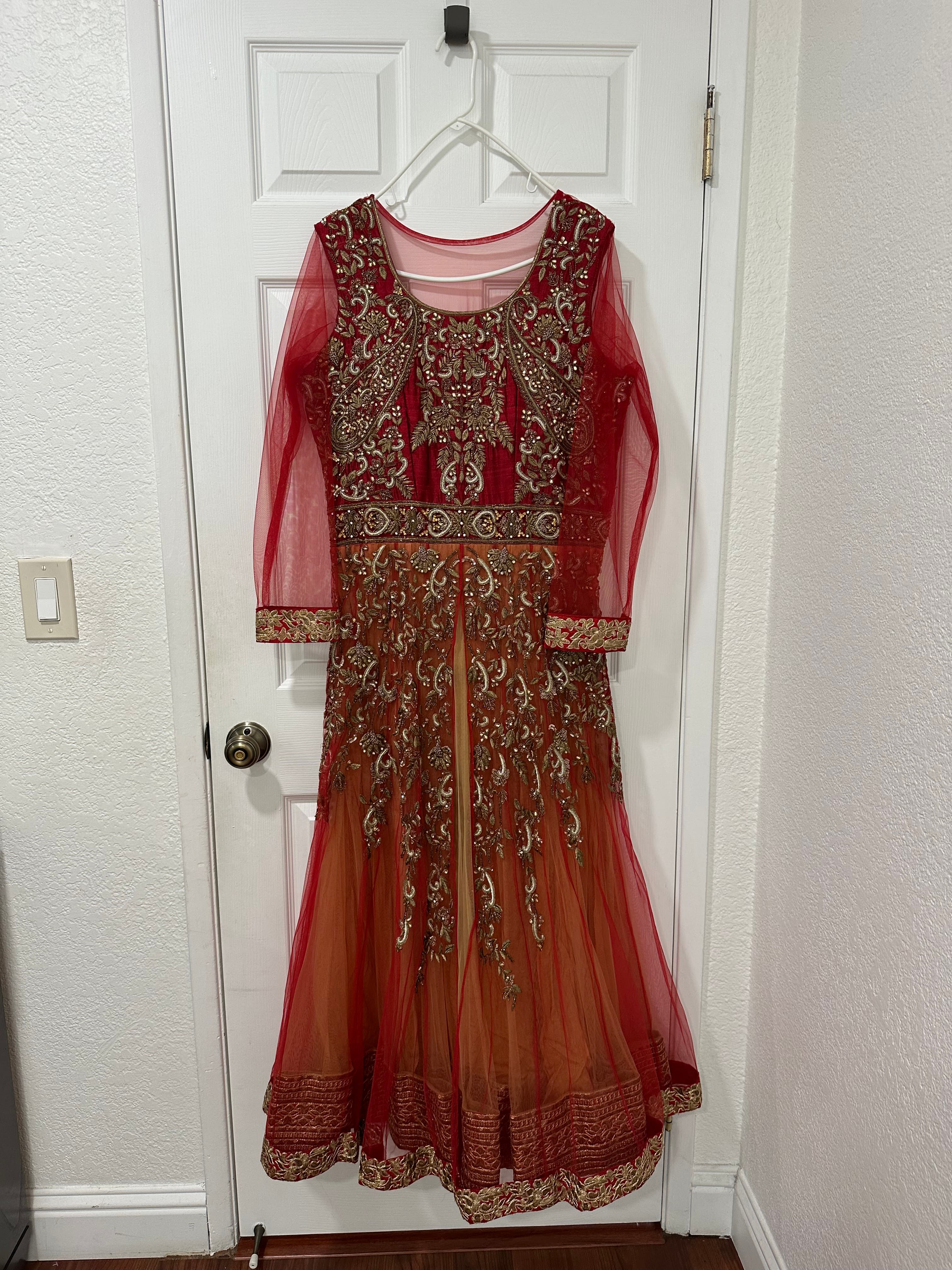 Rich Red and Gold Embroidered Net Anarkali Gown