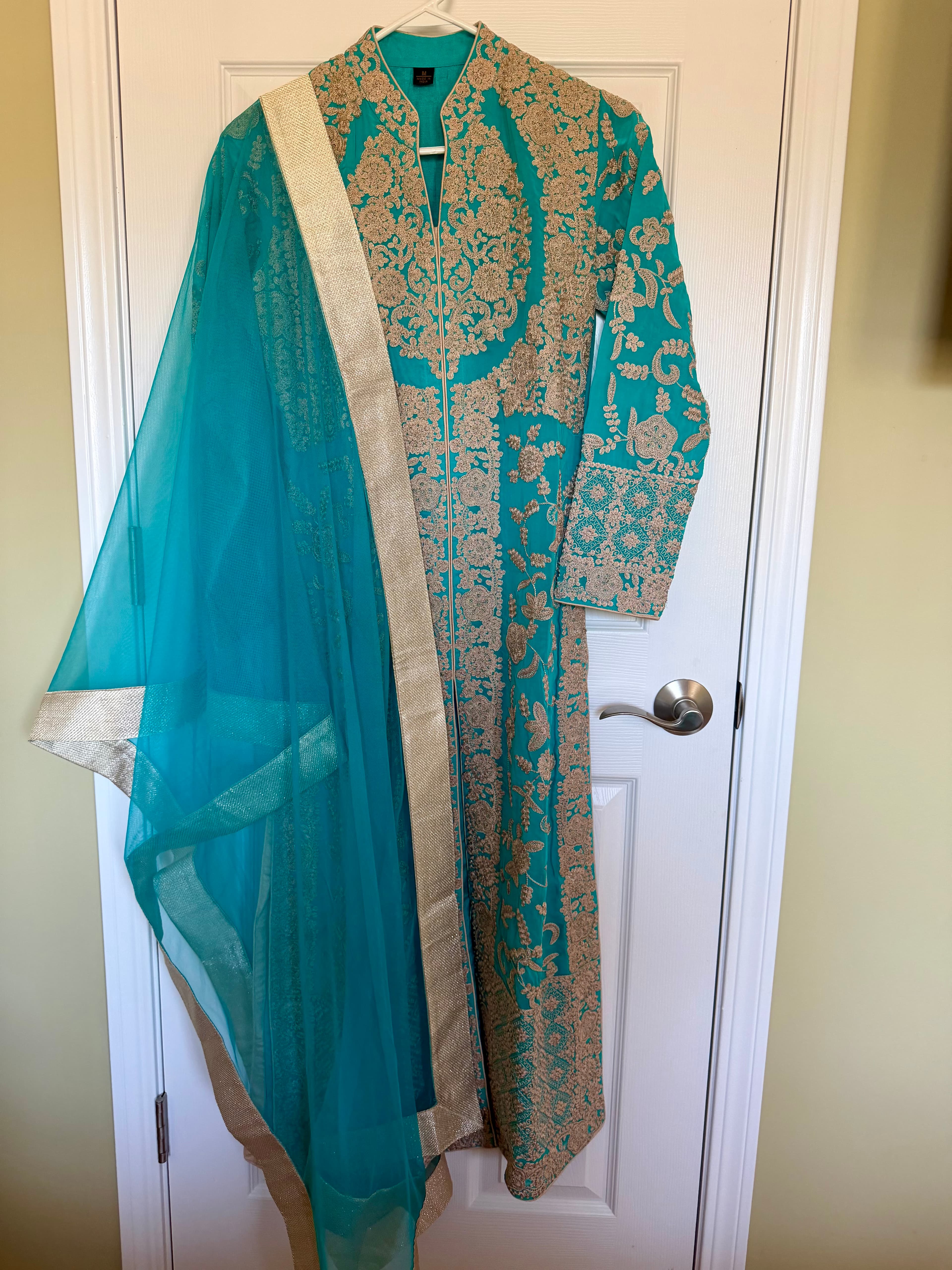 Elegant Teal & Gold Embroidered Anarkali Suit with Dupatta