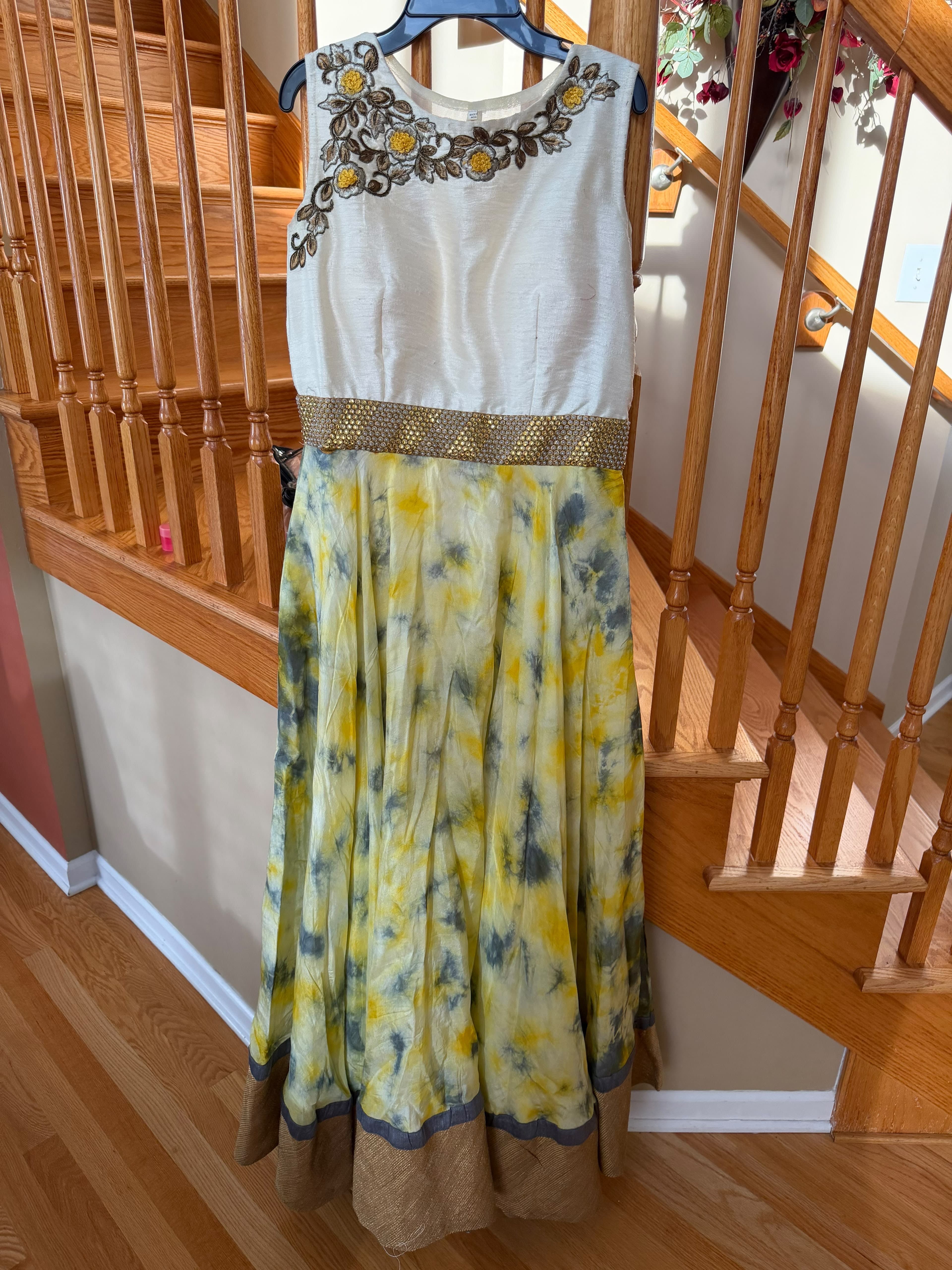 Elegant Cream & Yellow Tie-Dye Anarkali Suit with Embroidered Yoke and Dupatta