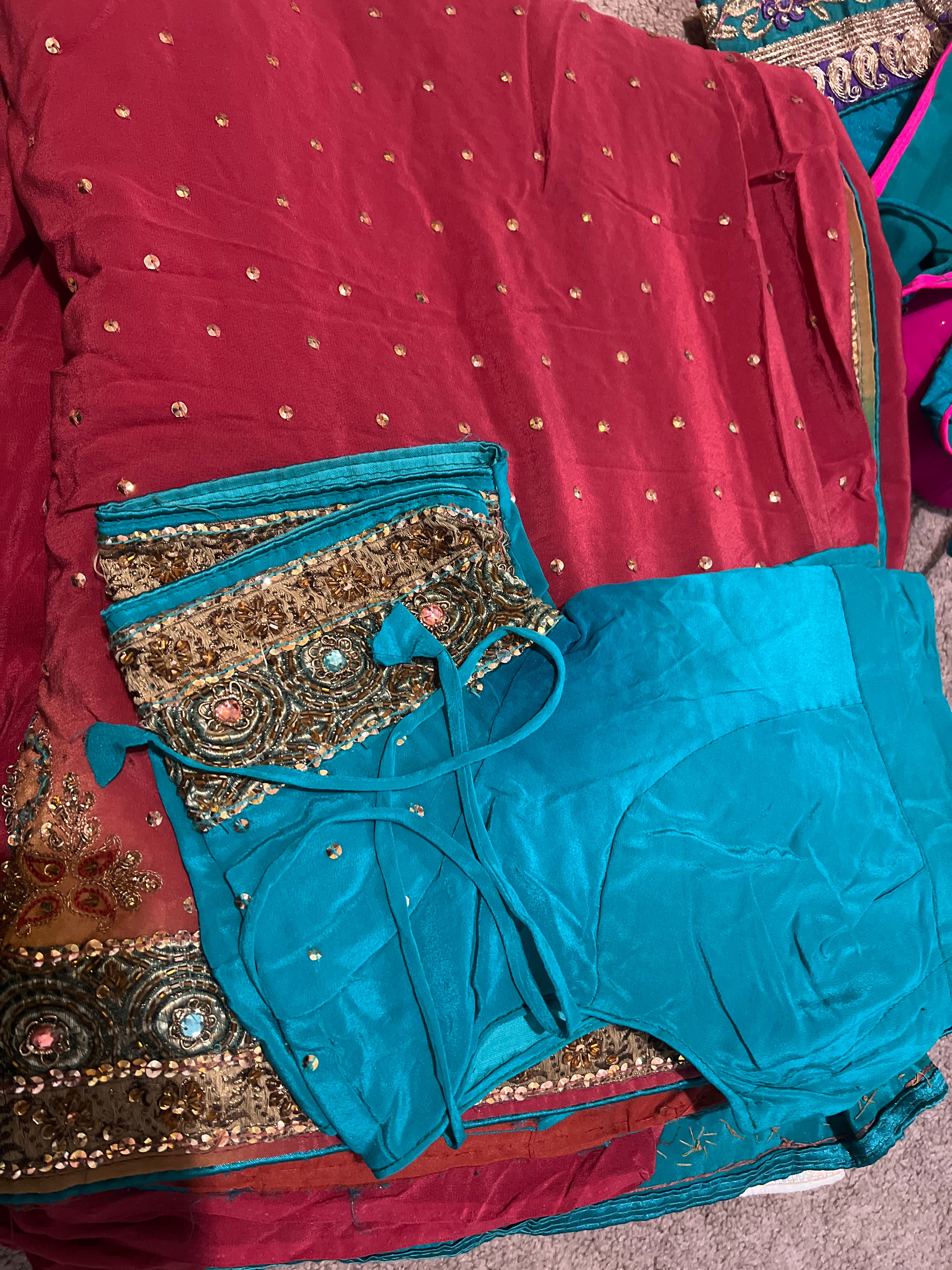 Stunning Maroon Saree with Teal Blouse and Gold Sequin & Stone Work