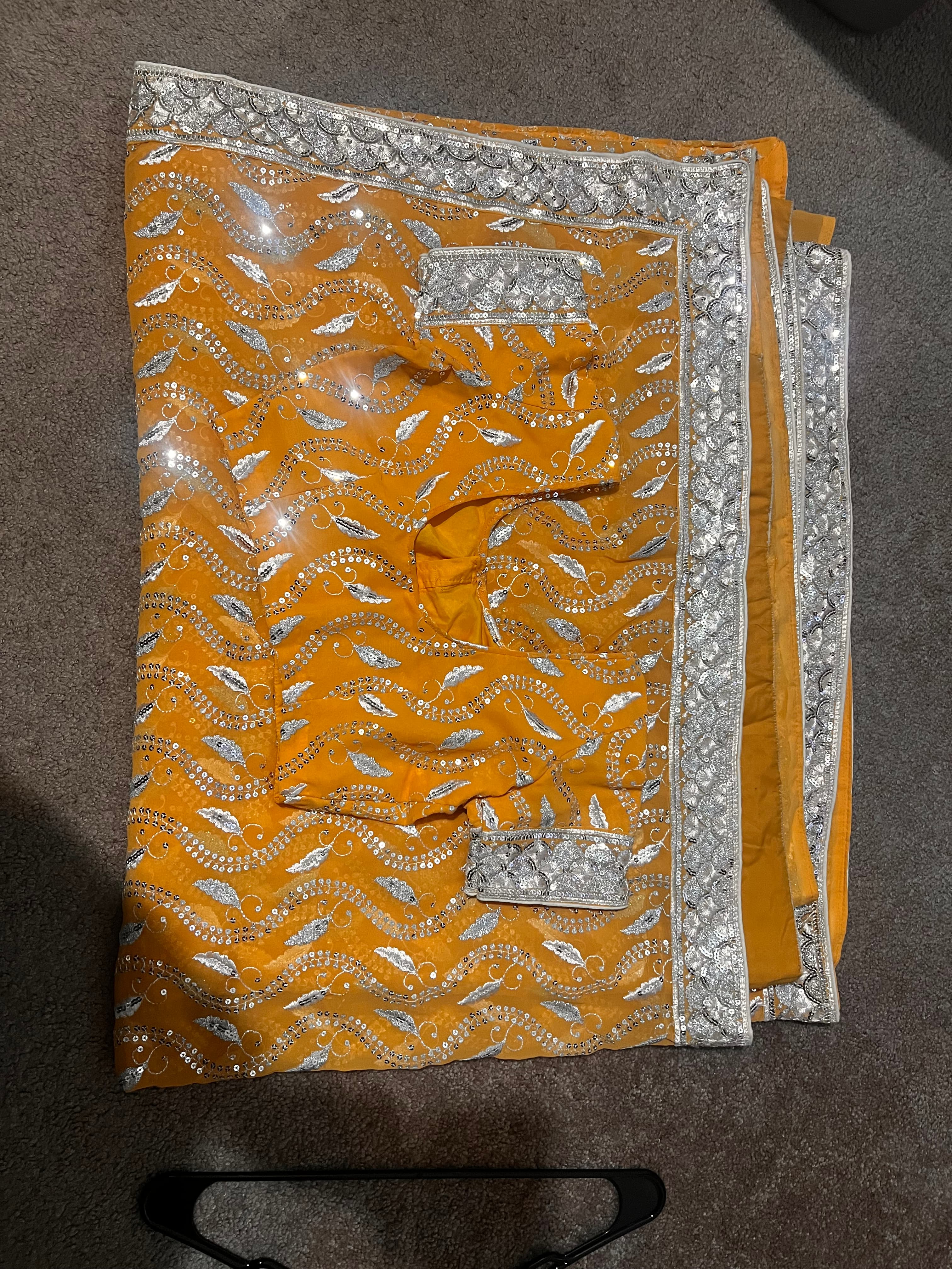 Mustard Yellow Georgette Saree with Silver Sequin & Thread Work Blouse